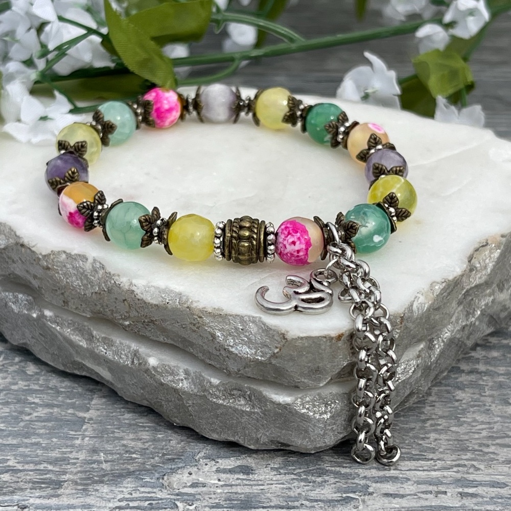 Multi-color fire agate stretch ohm bracelet